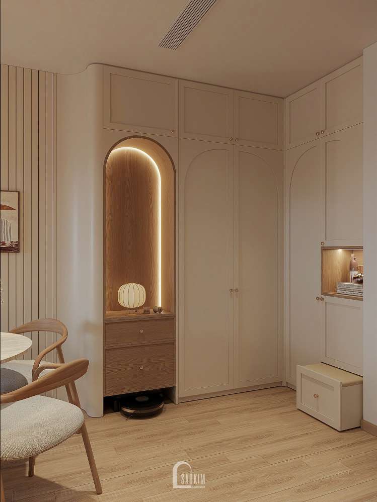 Không gian phòng bếp Wabi Sabi trong căn hộ 87m² Hinode City – Tinh giản và ấm cúng.